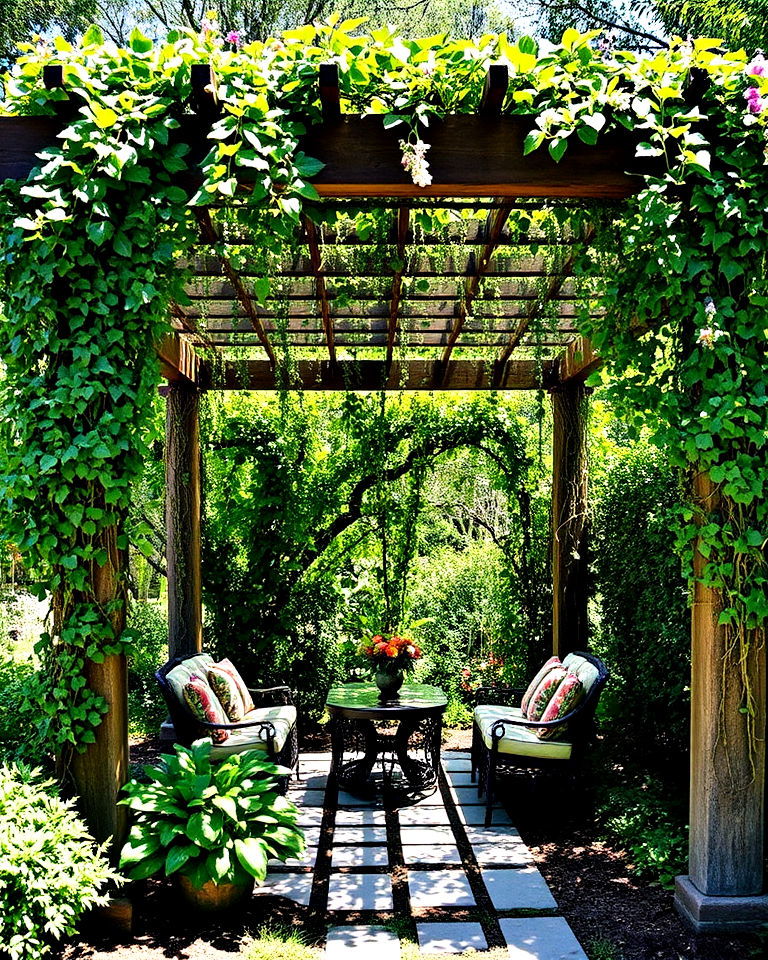 pergola covered in cascading vines - 35 Secret Garden Ideas