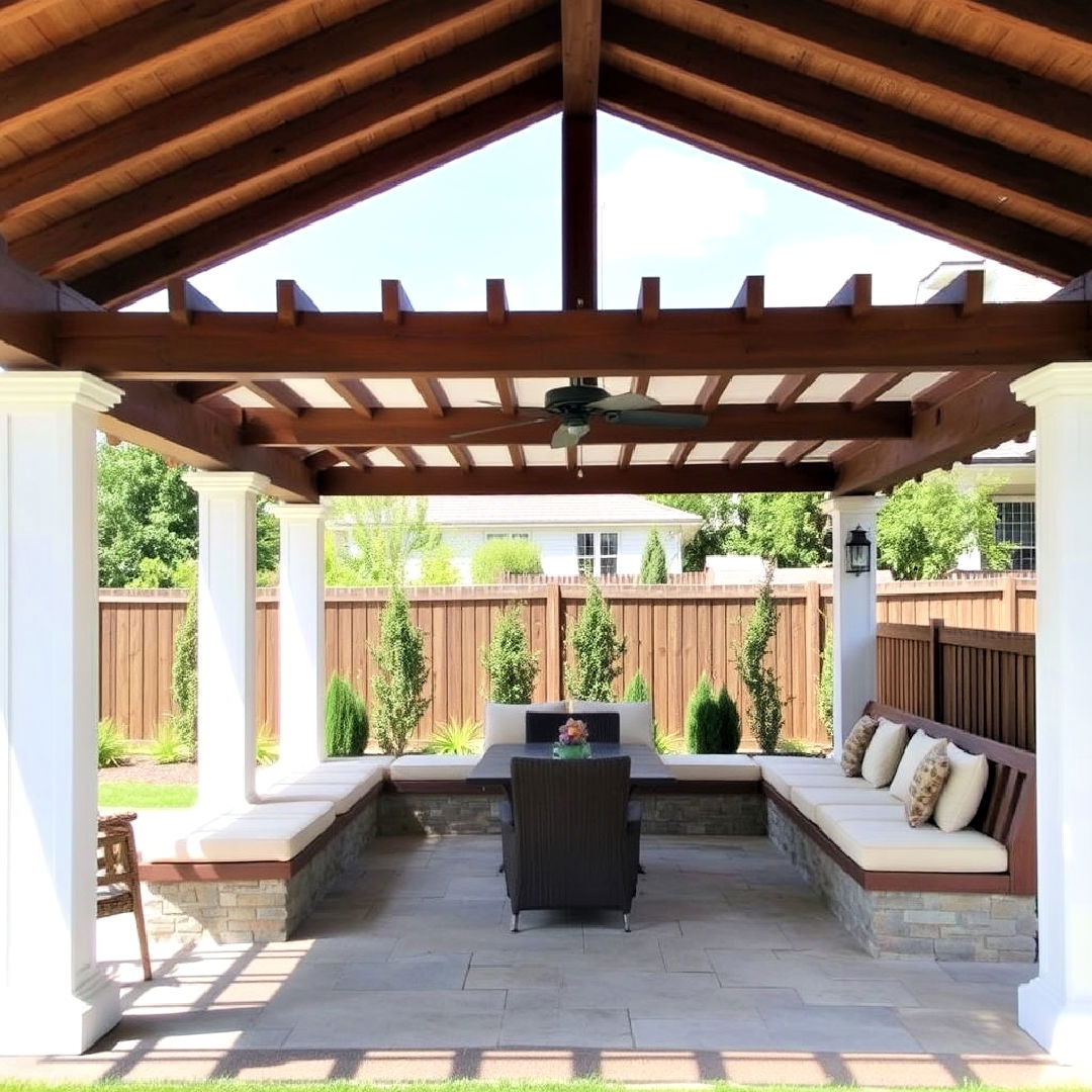 pergola with built in seating for convenience - 40 Patio With a Pergola Ideas