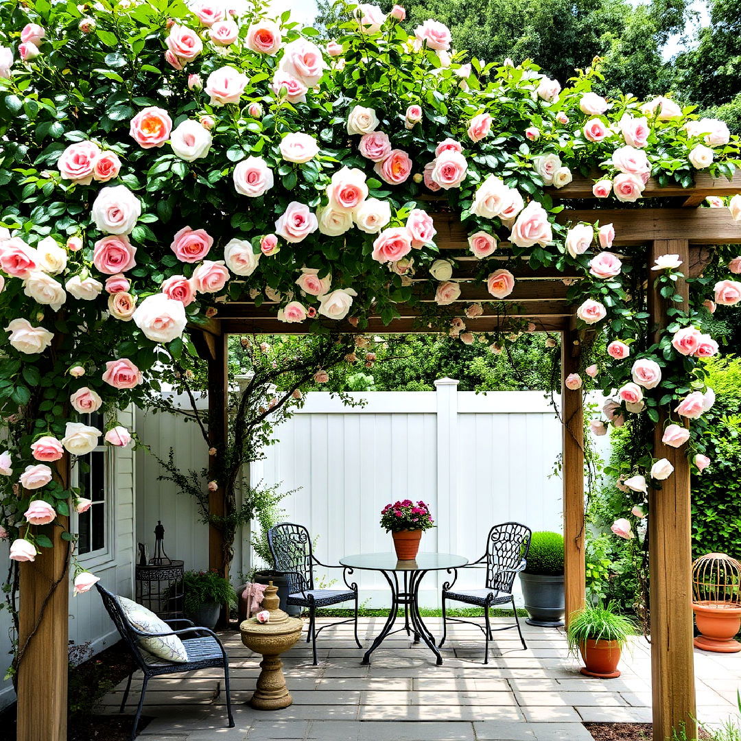 pergola with climbing roses for patio - 40 Patio With a Pergola Ideas