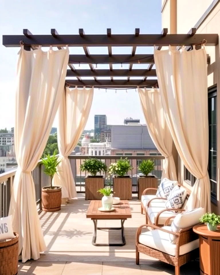 pergola with drapes for penthouse balcony - 20 Penthouse Balcony Ideas