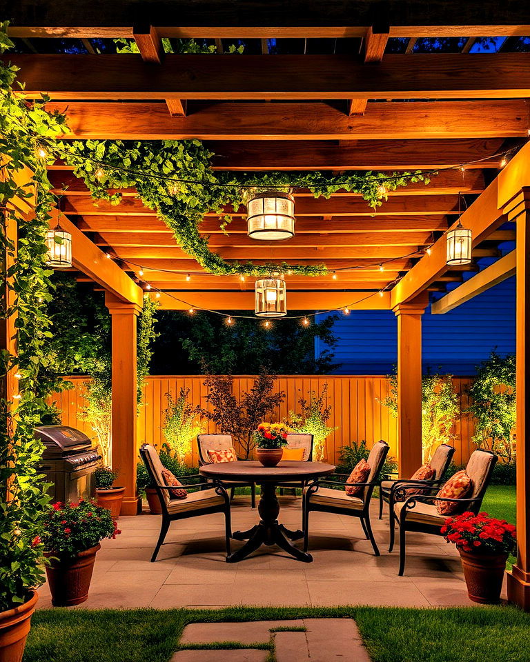 pergola with integrated lighting - 40 Backyard Lighting Ideas