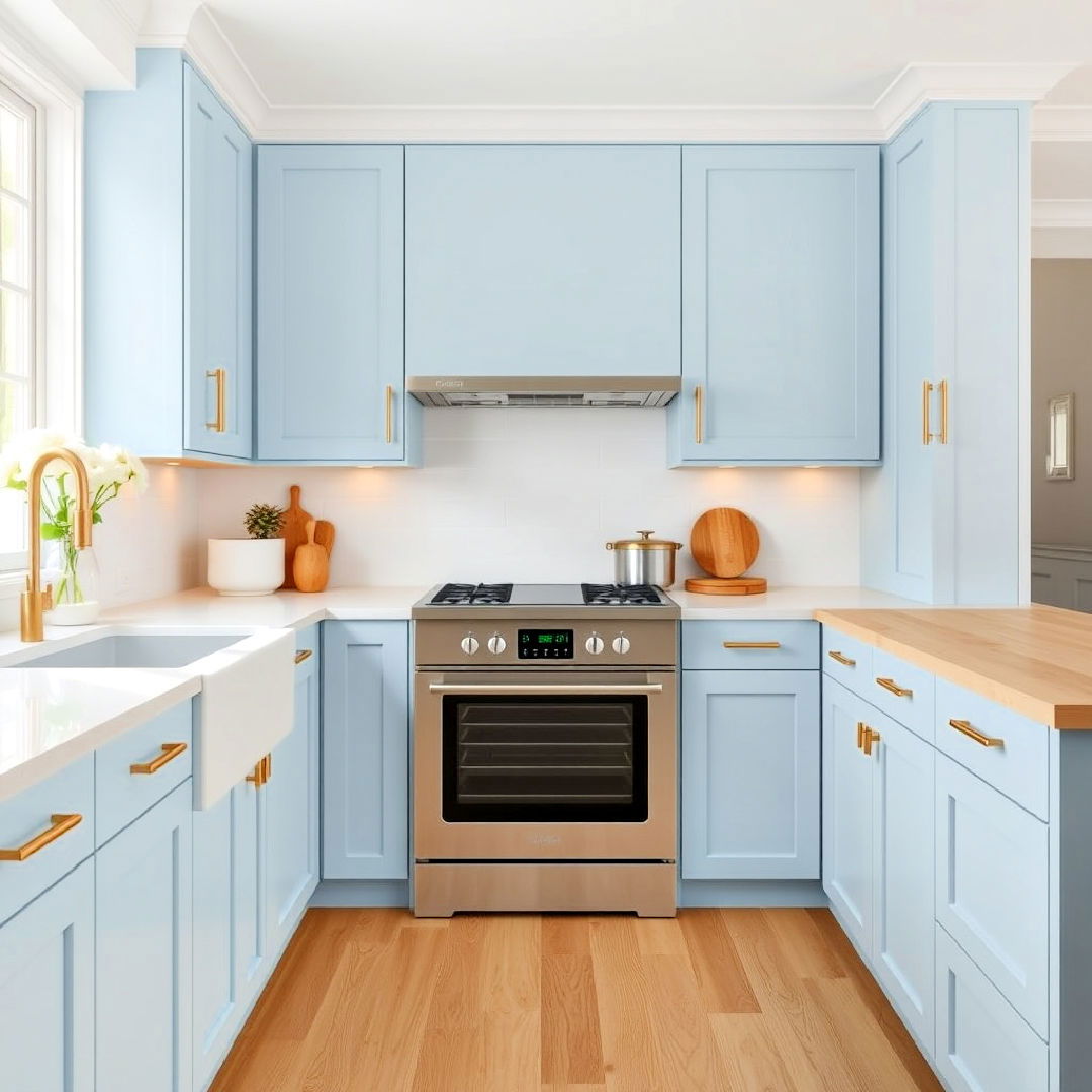 periwinkle blue cabinets and thin gold handles - 30 Blue Kitchen Cabinets With Gold Hardware