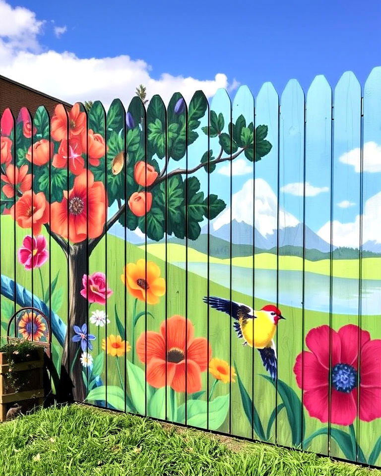 personal art gallery with painted mural fence - 20 Fence Art Ideas