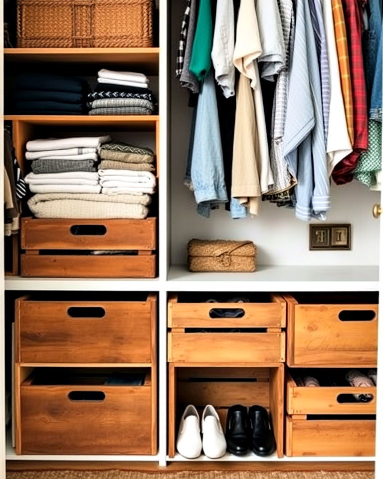 personalized closet with wood crates for storage - 30 Open Closet Ideas
