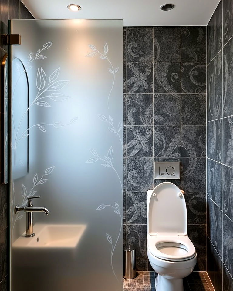 personalized etched glass partition - 20 Bathroom Partition Ideas