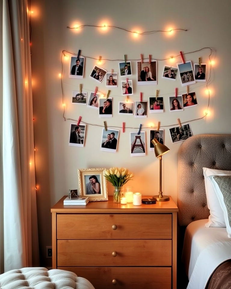 personalized photo display along the wall - 30 Romantic Hotel Room Ideas