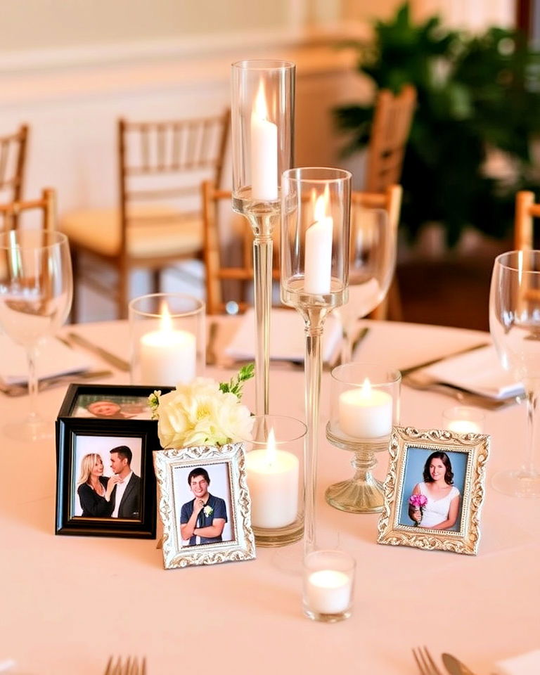 personalized photo display for rehearsal dinner centerpiece - 30 Rehearsal Dinner Centerpiece Ideas