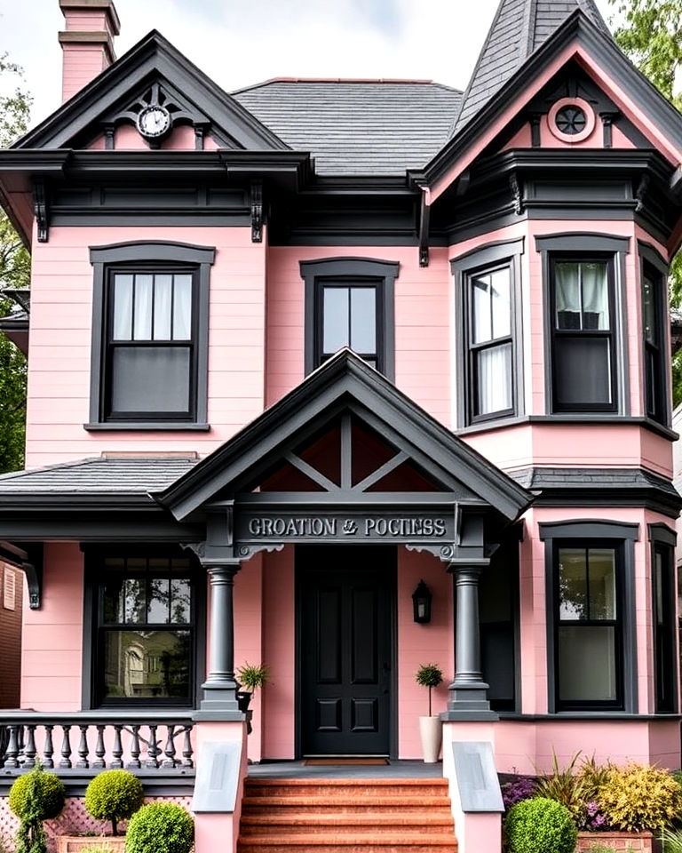 petal pink victorian home and charcoal grey trim - 25 Pink Victorian House Ideas