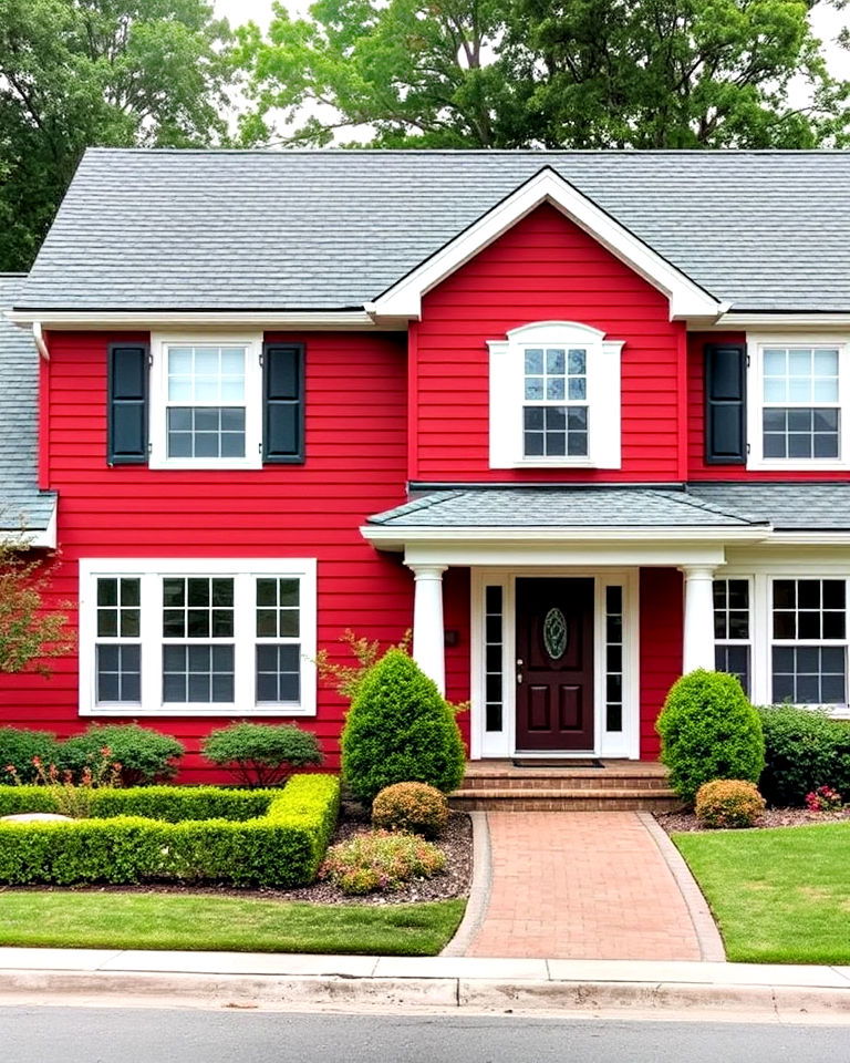 pewter gray roof with cranberry red house exterior - 20 Dark Red House Exterior Ideas