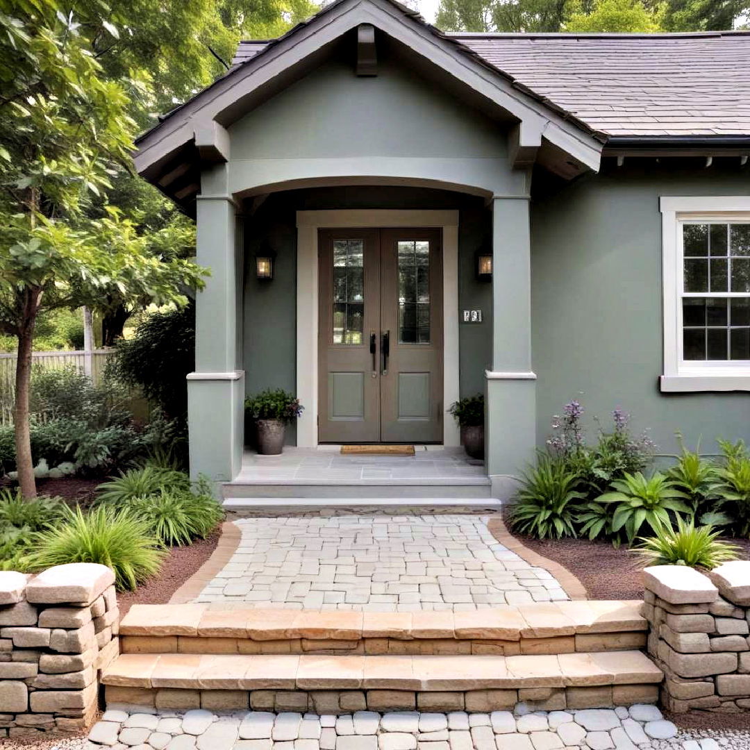 pewter green gray exterior house paint with stone path - 40 Gray Exterior House Paint Ideas