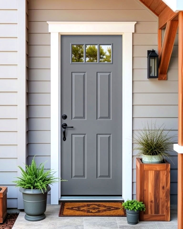 pewter grey door with natural wood frame - 25 Grey Front Door Ideas