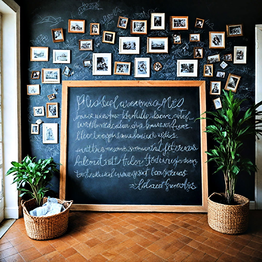 photo wall with chalkboard backdrop - 40 Photo Wall Ideas