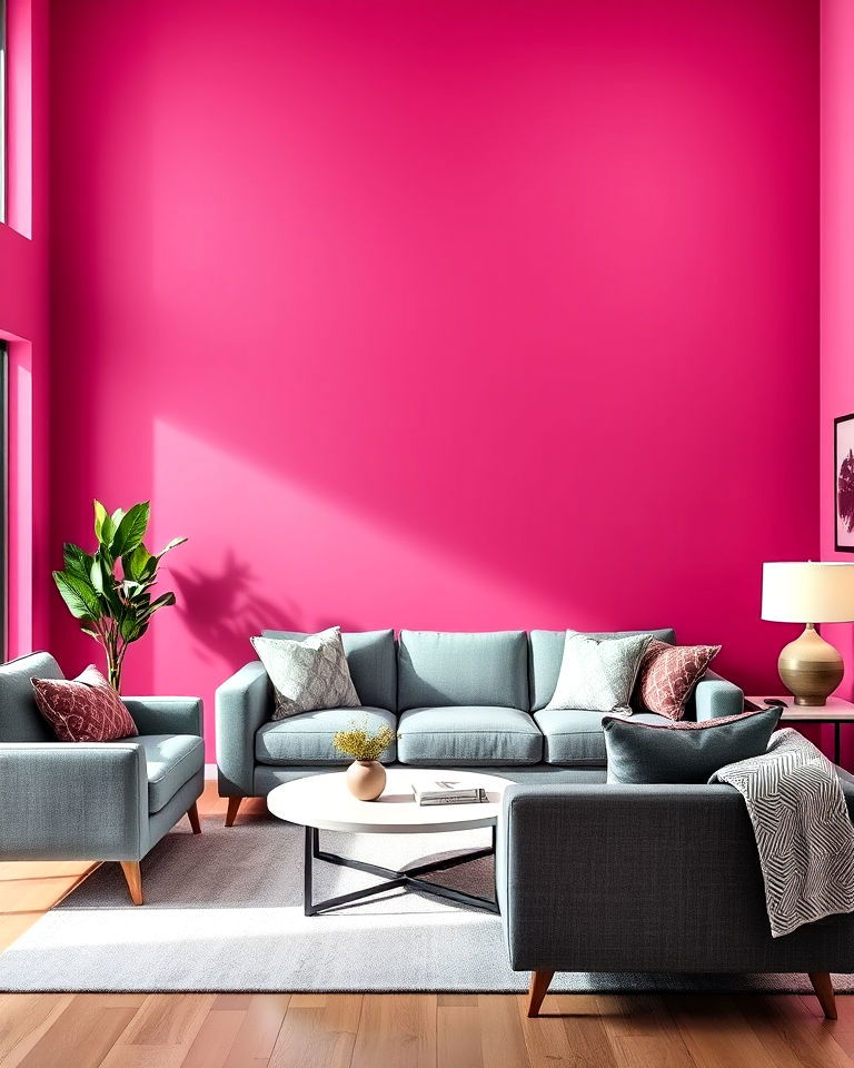 pink accent wall with grey furniture for living room - 25 Pink and Grey Living Room Ideas