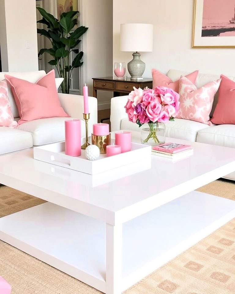 pink accessories and white coffee table - 20 Pink and White Living Room Ideas