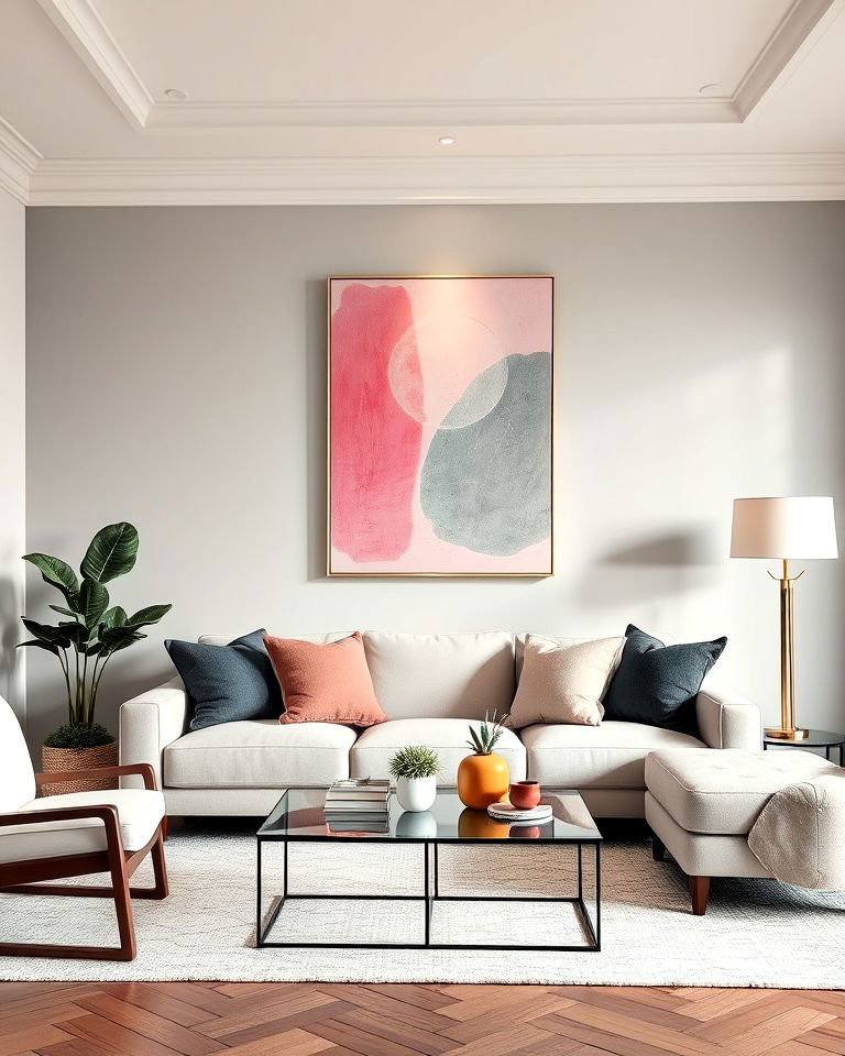 pink and grey abstract wall art for living room - 25 Pink and Grey Living Room Ideas