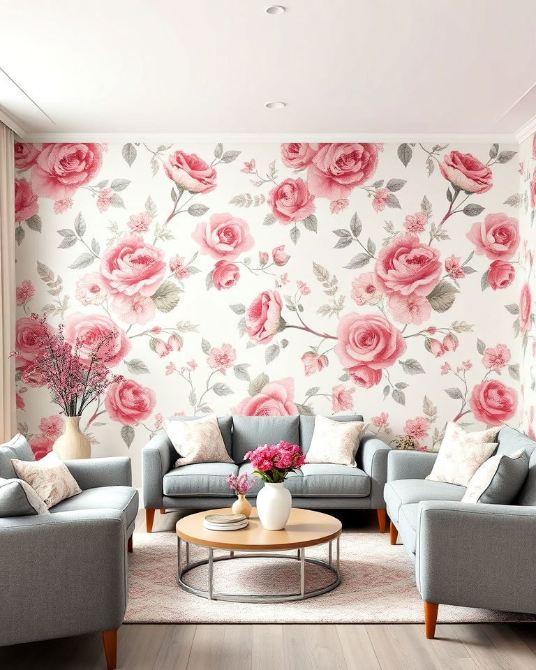 pink and grey floral wallpaper for living room - 25 Pink and Grey Living Room Ideas