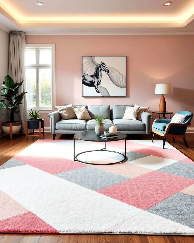 pink and grey geometric rug for living room - 25 Pink and Grey Living Room Ideas