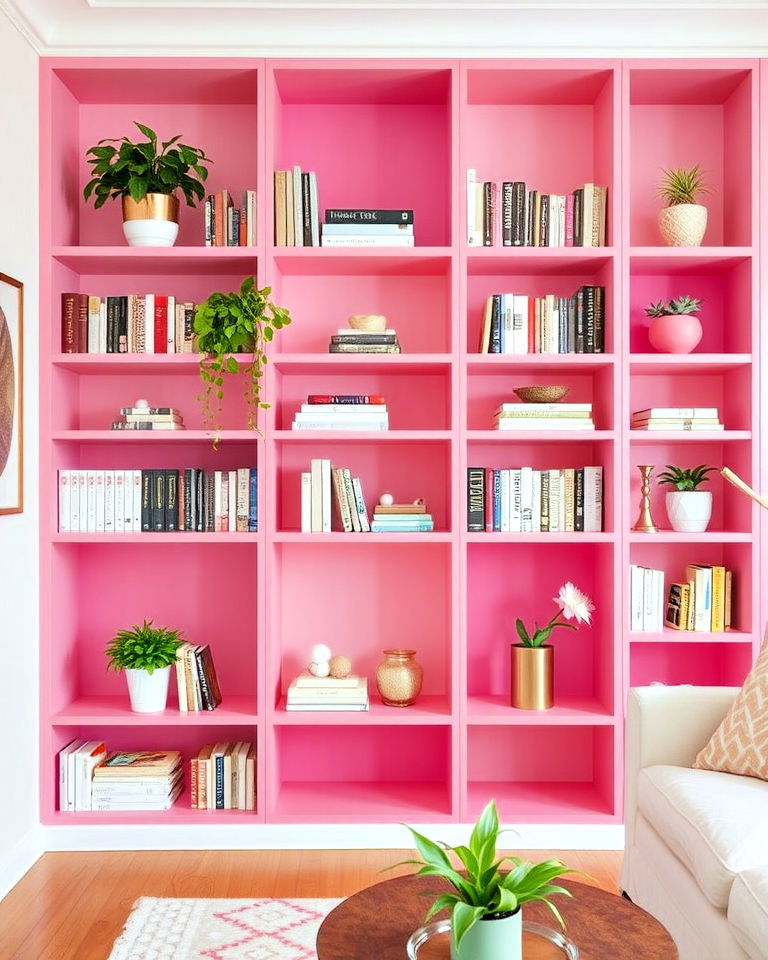 pink and white bookshelves for living room - 20 Pink and White Living Room Ideas