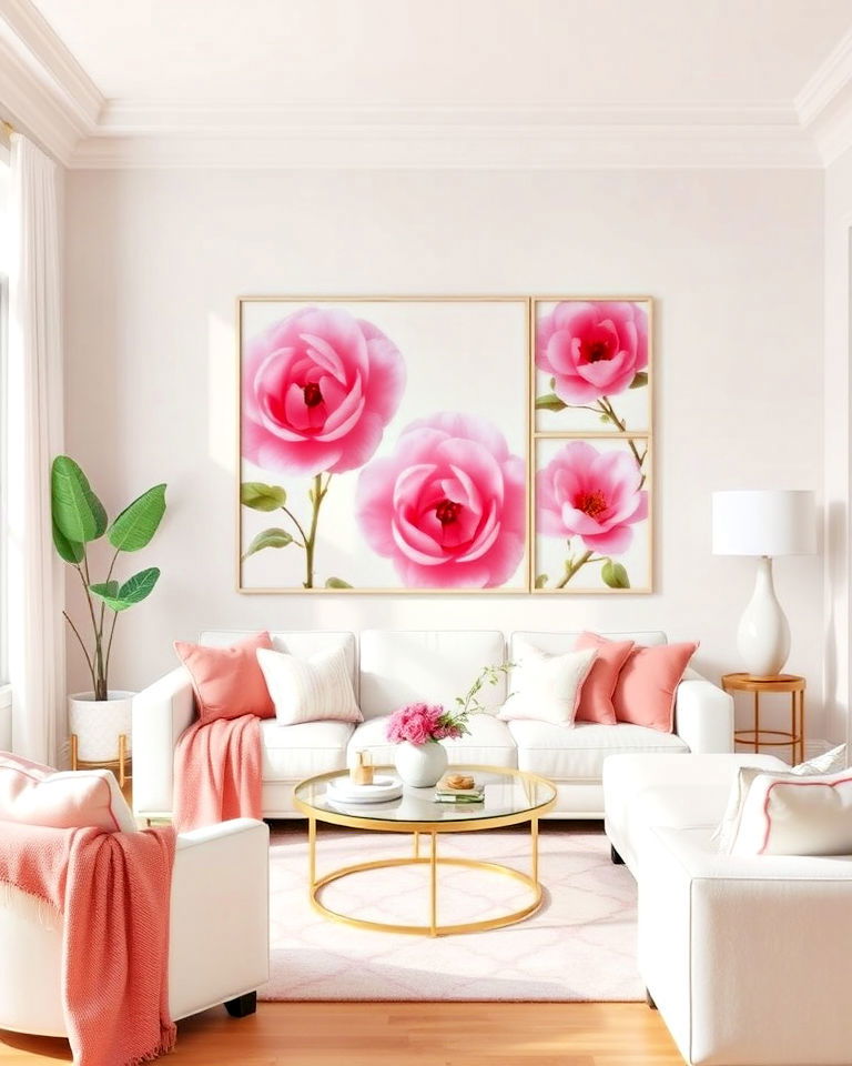 pink and white living room with floral wall art - 20 Pink and White Living Room Ideas