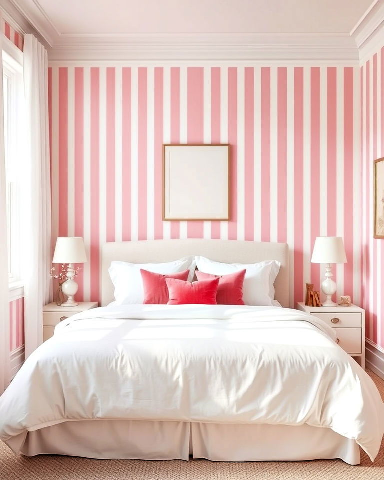 pink and white striped wallpaper for bedroom - 25 Pink and White Bedroom Ideas