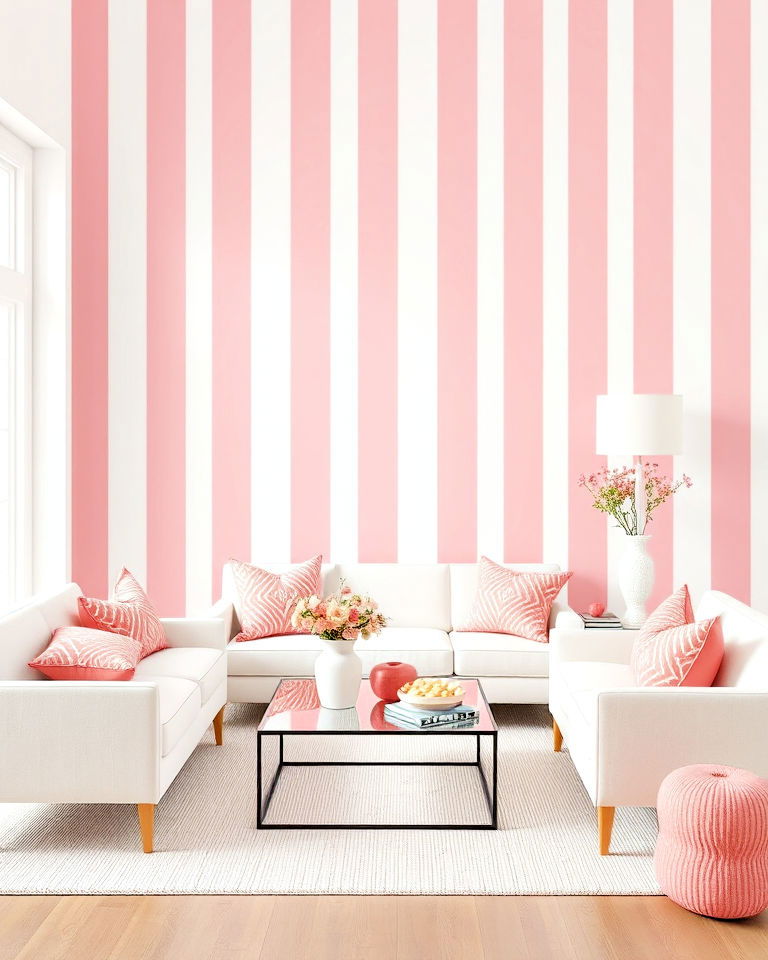 pink and white striped wallpaper for living room - 20 Pink and White Living Room Ideas
