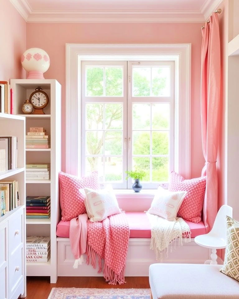 pink and white window seating for living room - 20 Pink and White Living Room Ideas