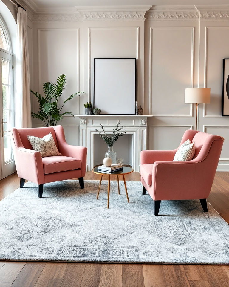 pink armchairs and grey area rug - 25 Pink and Grey Living Room Ideas