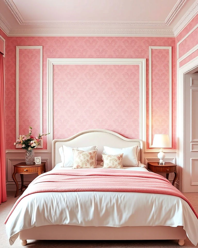 pink bedroom wallpaper with white moldings - 25 Pink and White Bedroom Ideas