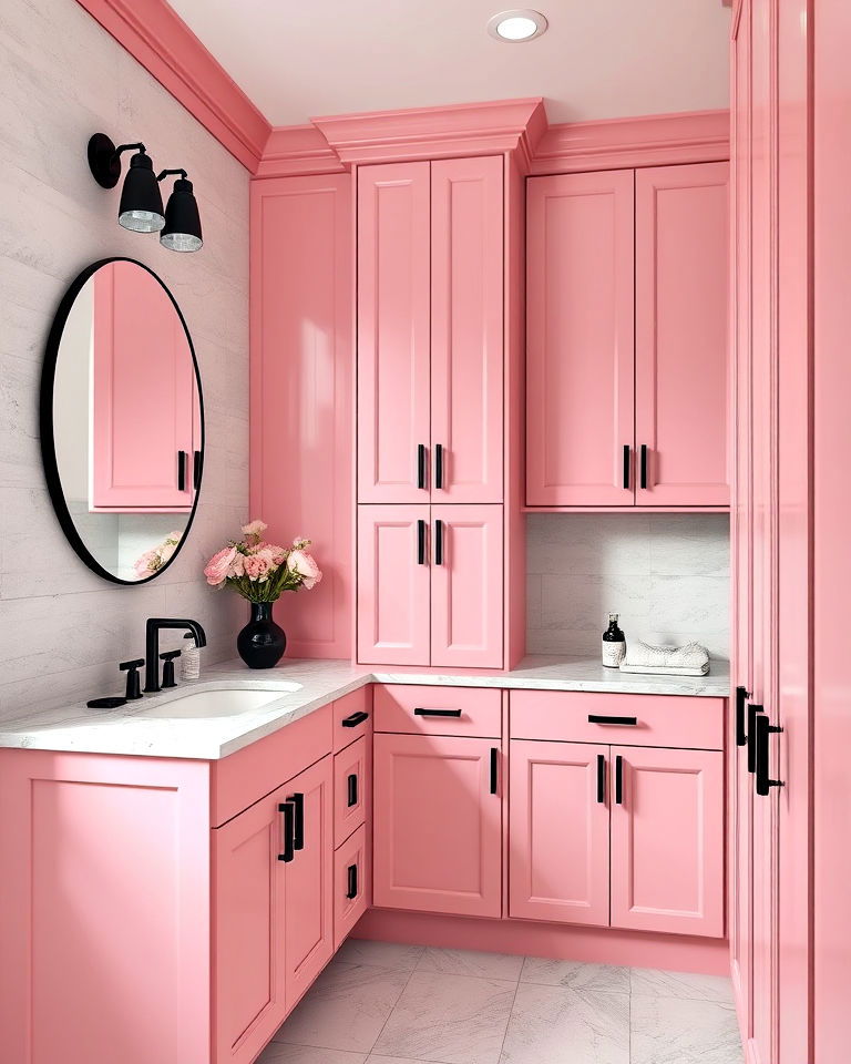 pink cabinets with sleek black handles - 25 Pink and Black Bathroom Ideas
