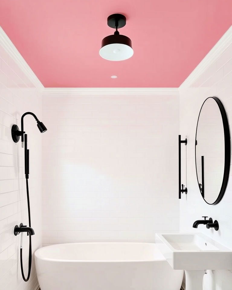 pink ceiling with black fixtures for bathroom - 25 Pink and Black Bathroom Ideas