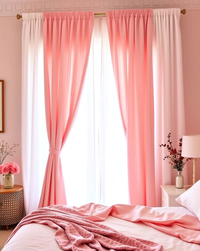 pink curtains and white sheer panels - 25 Pink and White Bedroom Ideas