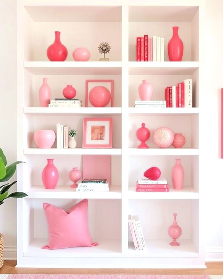 pink decor accents and white shelving - 20 Pink and White Living Room Ideas