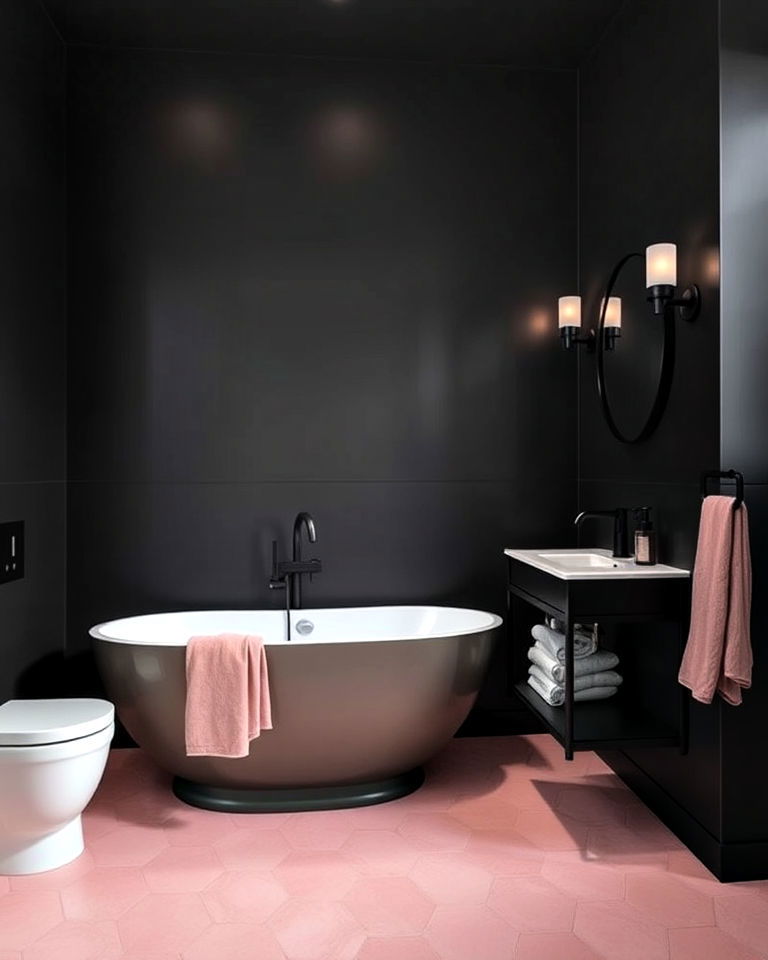 pink floor tiles and black walls for bathroom - 25 Pink and Black Bathroom Ideas