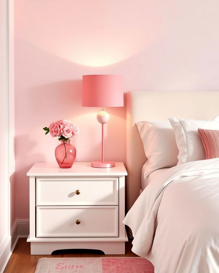 pink lamp with white white nightstand - 25 Pink and White Bedroom Ideas