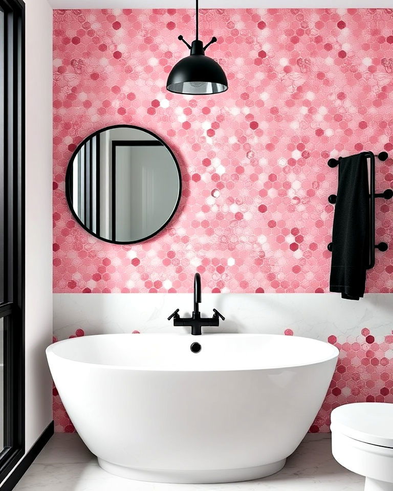 pink mosaic wall and black fixtures - 25 Pink and Black Bathroom Ideas