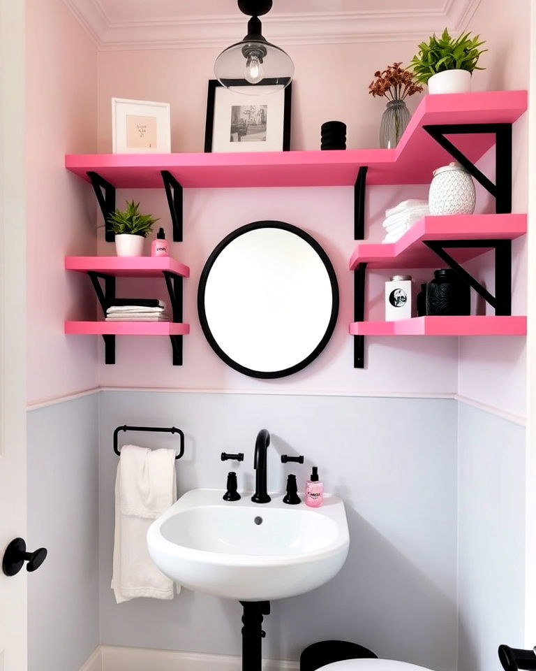 pink open shelving with black brackets - 25 Pink and Black Bathroom Ideas