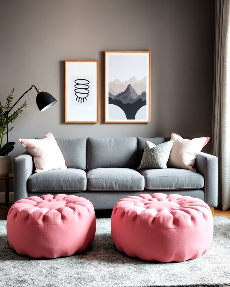 pink poufs with grey sofa for living room - 25 Pink and Grey Living Room Ideas