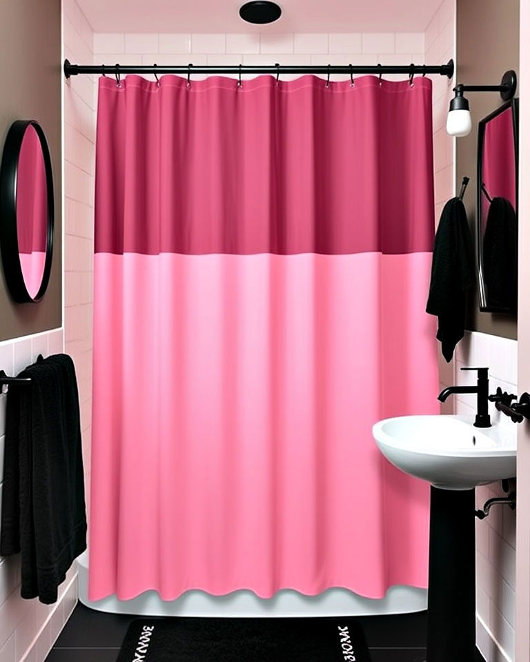 pink shower curtain and black accessories for bathroom - 25 Pink and Black Bathroom Ideas