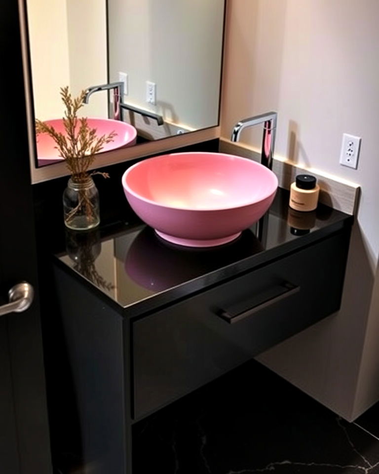 pink sink basin with black countertop - 25 Pink and Black Bathroom Ideas