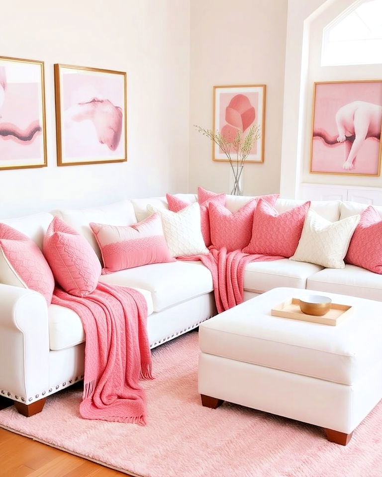 pink throws and white sectional - 20 Pink and White Living Room Ideas