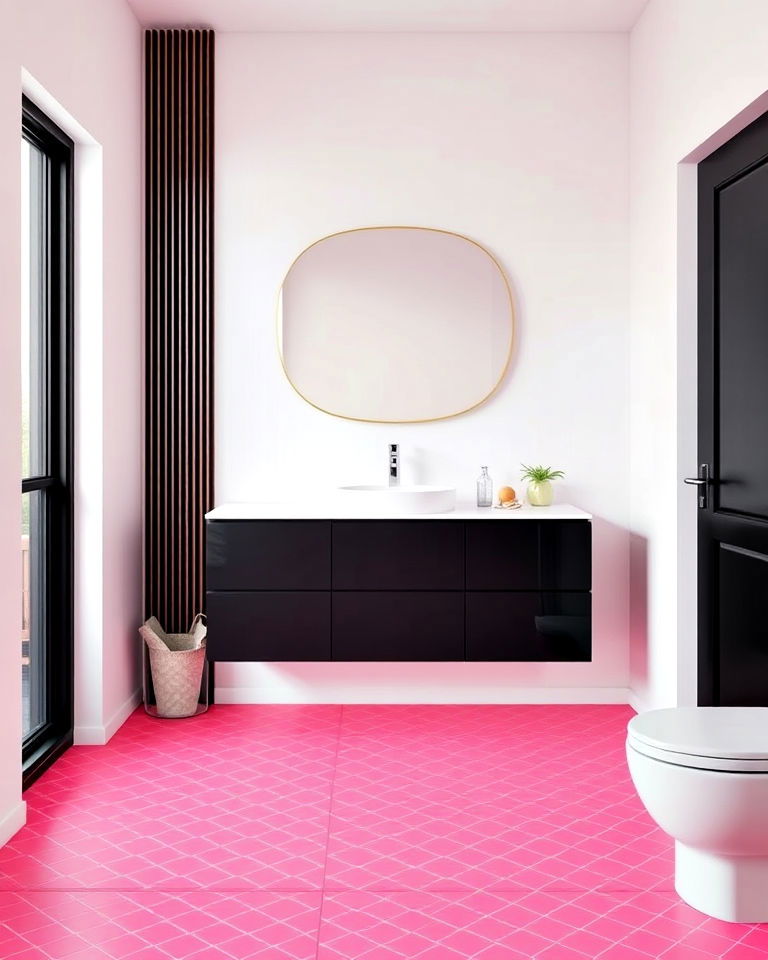 pink tile floor and black vanity for bathroom - 25 Pink and Black Bathroom Ideas