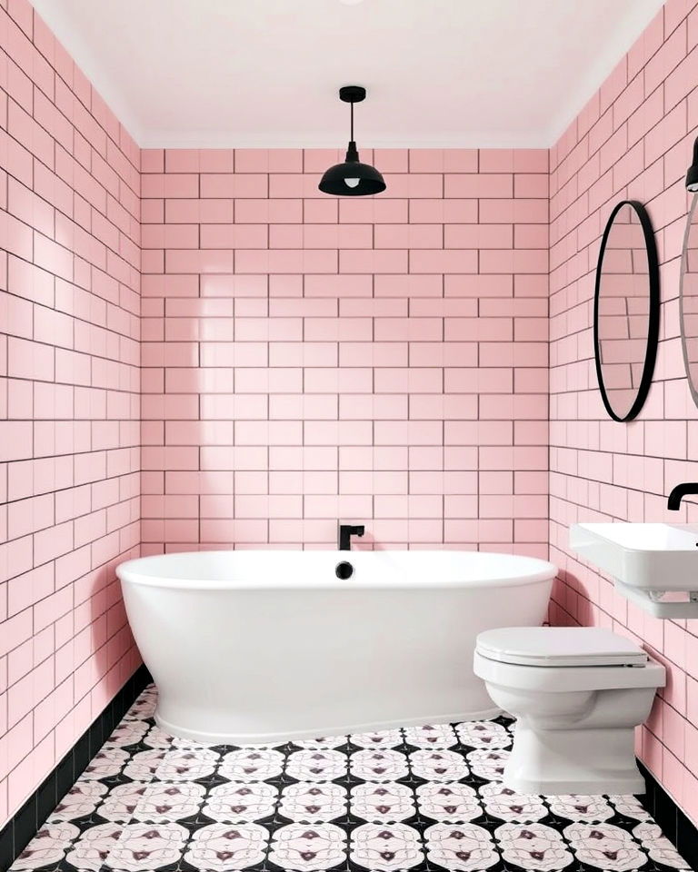 pink tiles and black grout for bathroom - 25 Pink and Black Bathroom Ideas