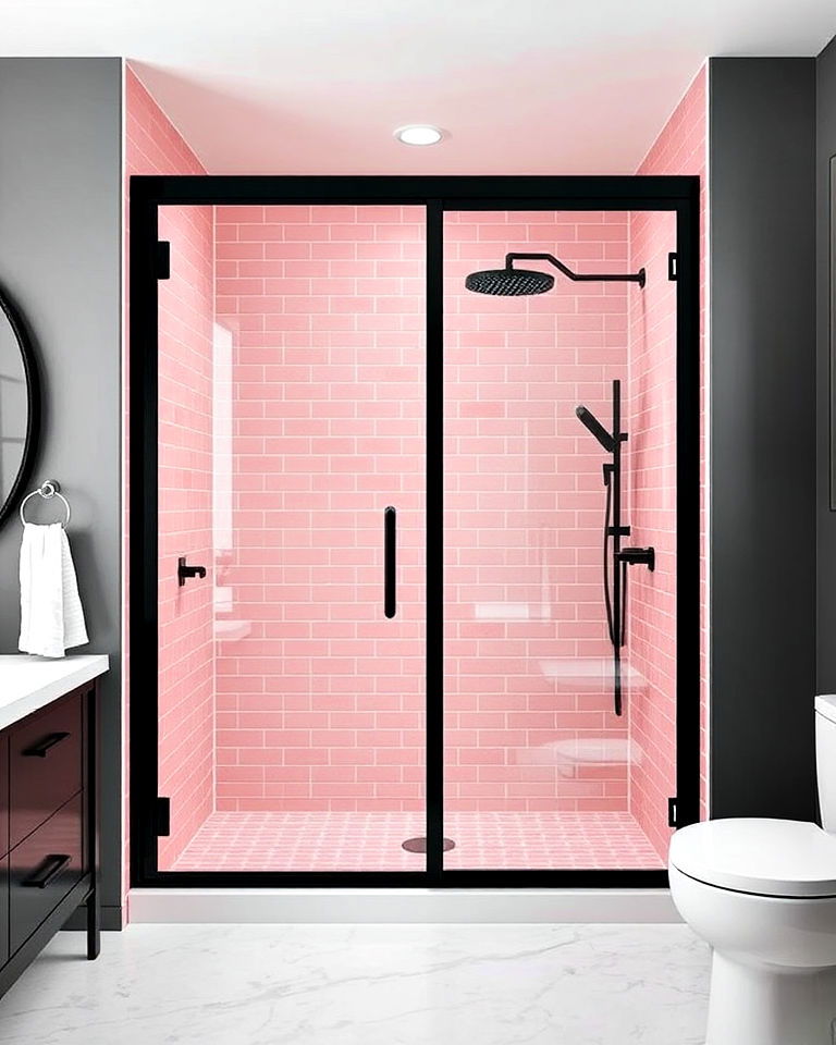 pink tiles for black framed shower door - 25 Pink and Black Bathroom Ideas