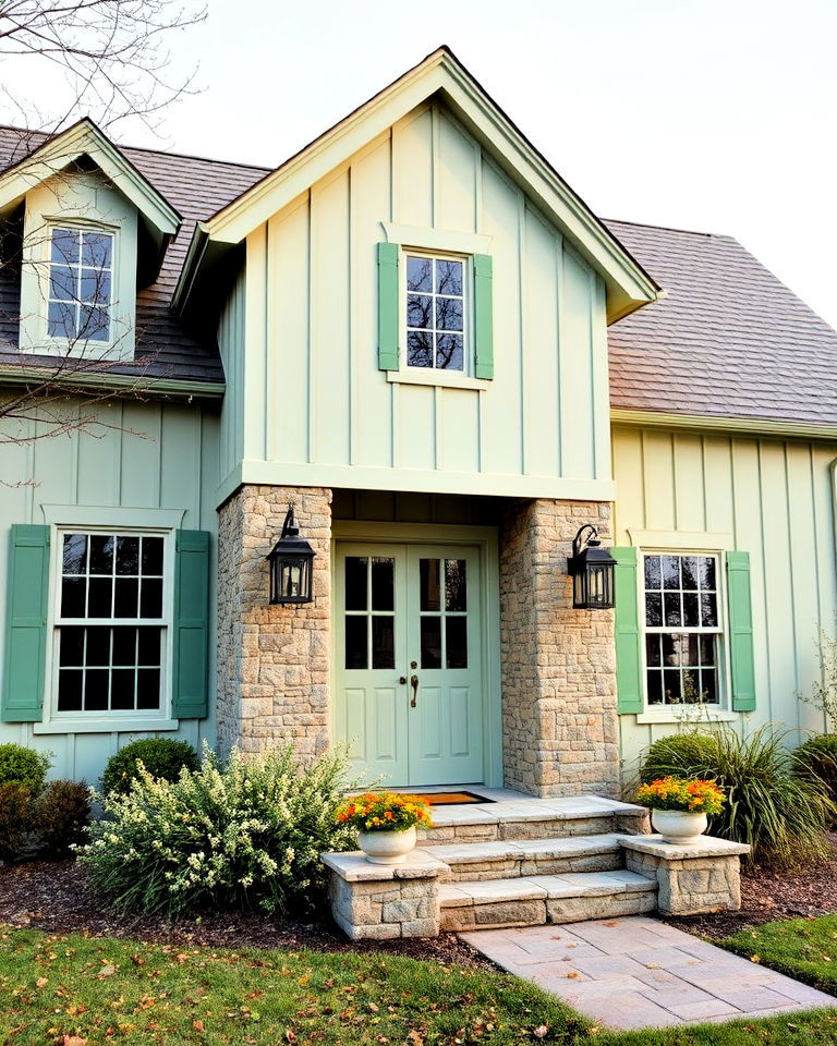 pistachio green and stone accents - 25 Farmhouse Green Exterior Home Ideas