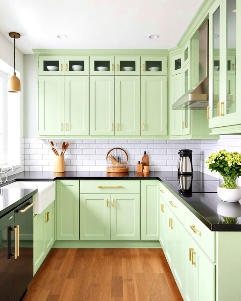 pistachio green cabinets with black countertops - 20 Green Kitchen Cabinets With Black Countertops