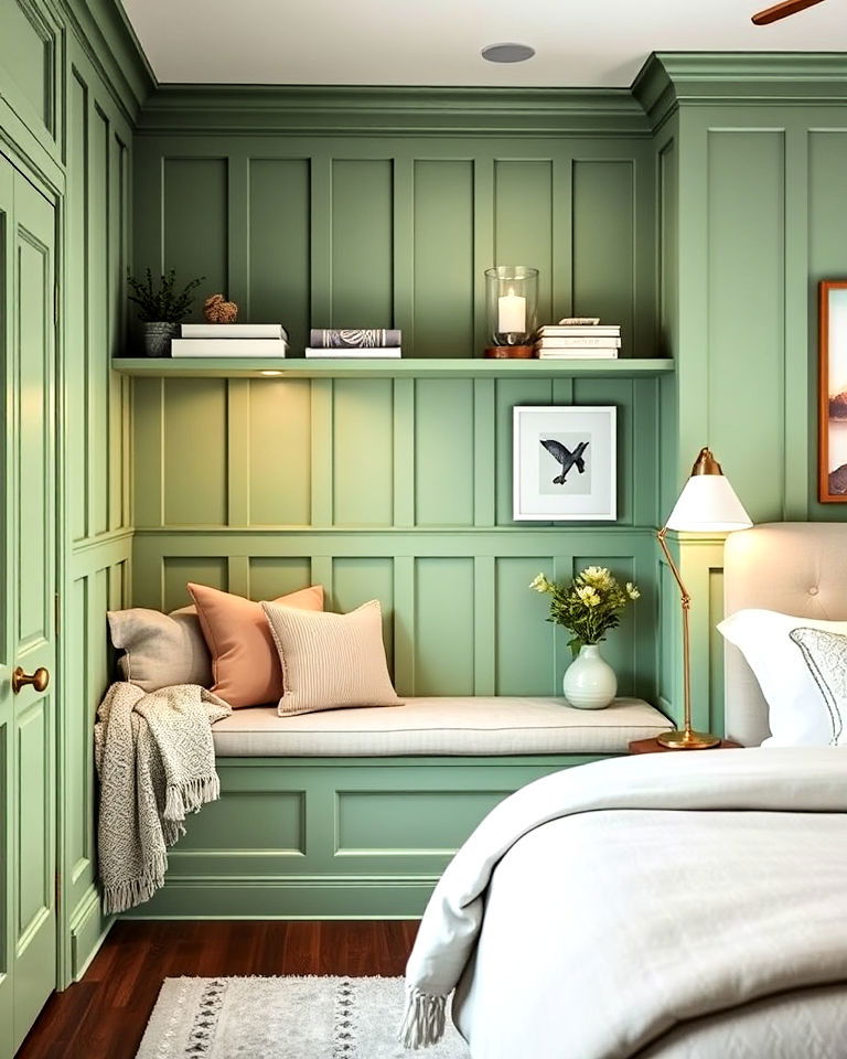 pistachio green paneled nook for bedroom - 20 Green Panelling Bedroom Ideas