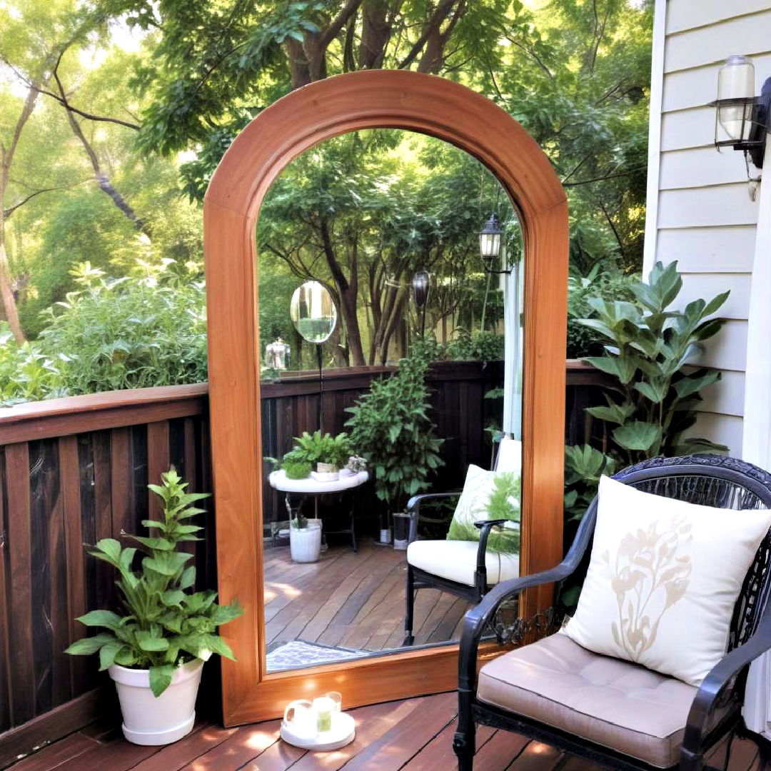 place a weatherproof mirror - 25 Deck Decorating Ideas With Plants