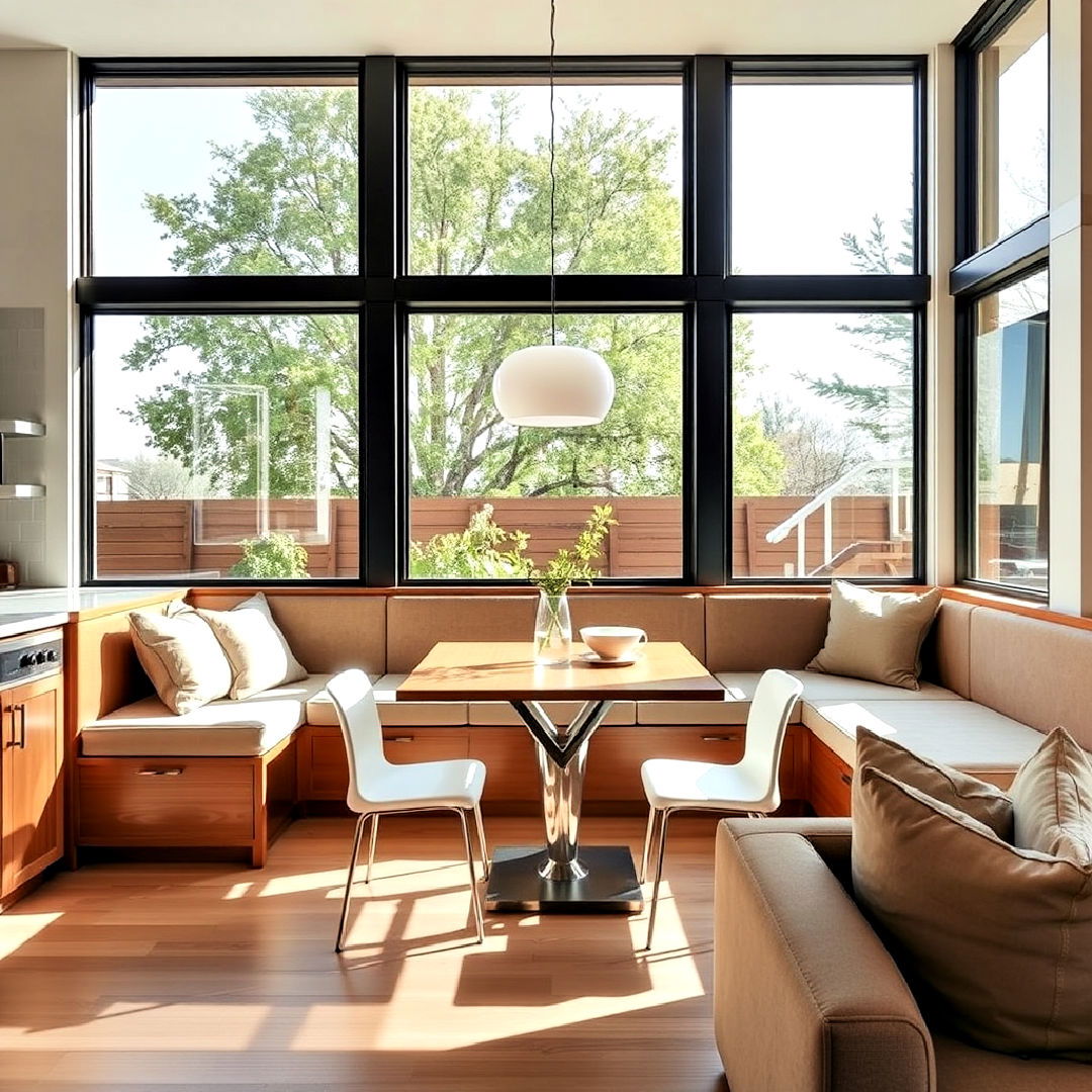 place banquette near floor to ceiling window - 40 Banquette Seating Ideas