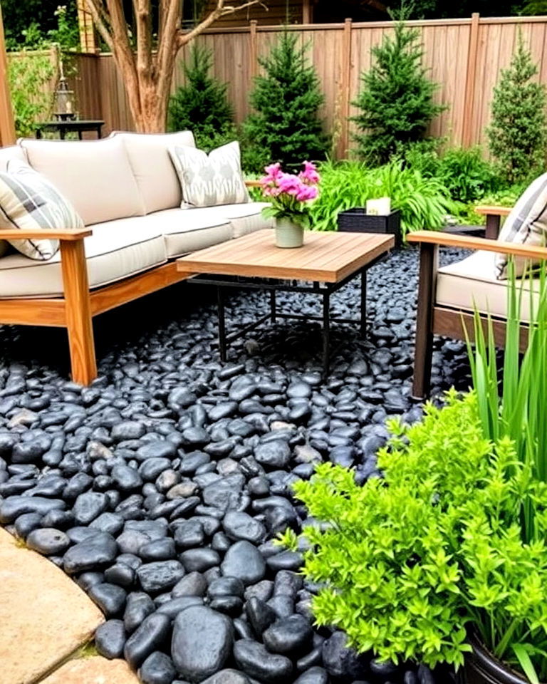 place black river rocks beneath outdoor furniture - 20 Black River Rock Landscaping Ideas