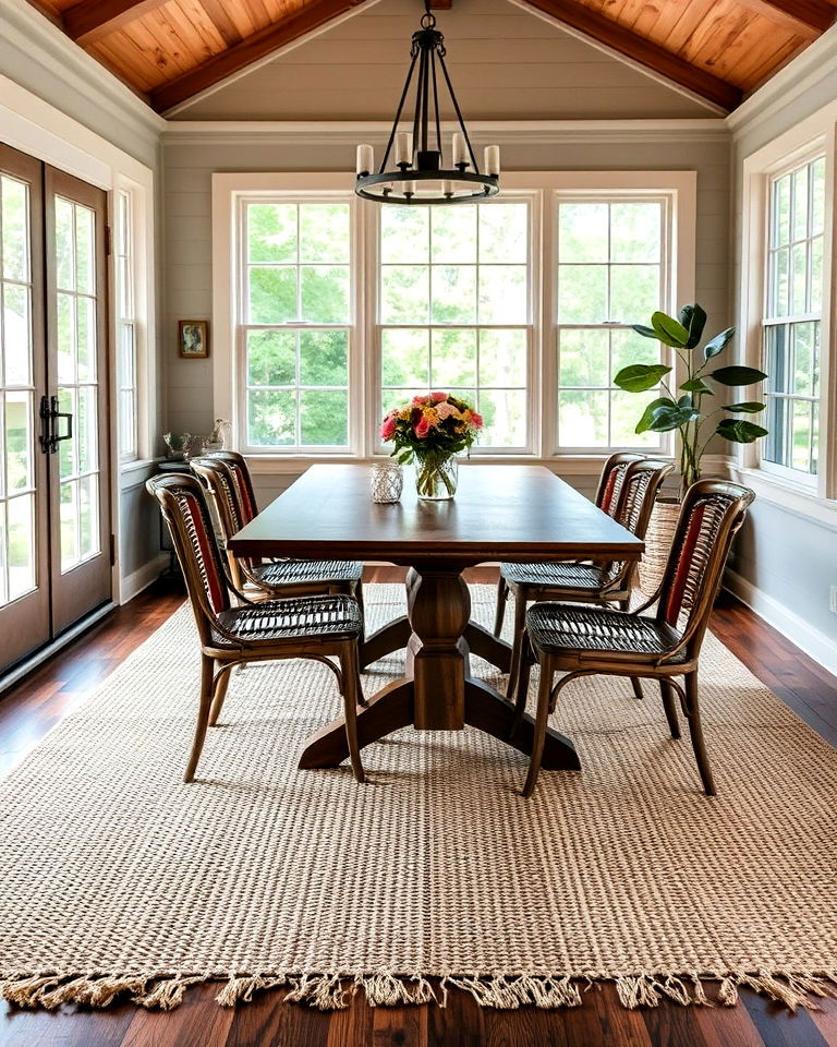 place comfortable rug under the dining table - 25 Sunroom Dining Room Ideas